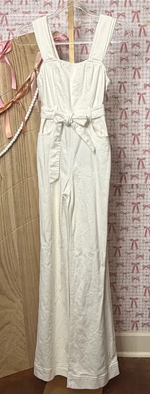 Alice + Olivia Jeans Denim Vintage Sugar White Flare SLV Jumpsuit $485 XS 24 thumbnail 1