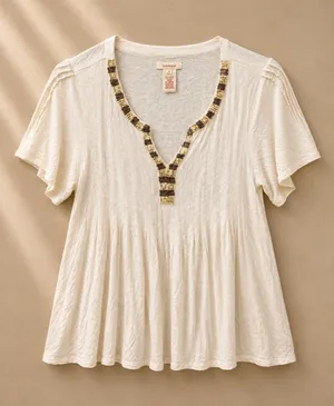 Sundance Womens Top Size S Cream Beaded V-Neck Babydoll Linen Blend Short Sleeve thumbnail 1
