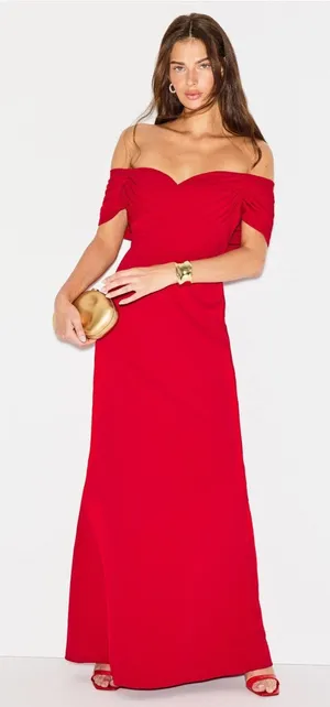 Badgley Mischka Off-The-Shoulder Gown with pleats and a draped back 6 thumbnail 1
