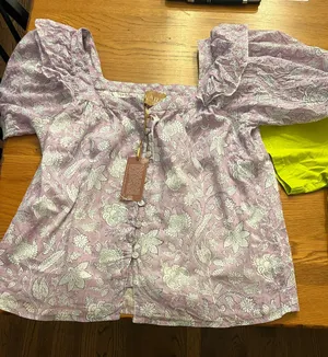 Purple floral puff sleeve square neck button front blouse thumbnail 1