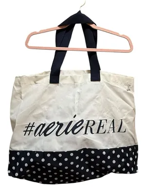 Aerie #AerieREAL Large Canvas Tote Bag Polka Dot Bottom Cream Navy NWT thumbnail 1