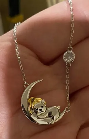 Two- Tone Sterling Silver Sleepy Time Bear On Moon Necklace thumbnail 1