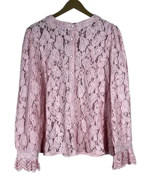 NWT PrettyGarden Floral Lace Button Front Blouse Pink Romantic Ruffle Size L thumbnail 1