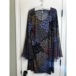 MSK Blue Paisley Flared Bell Sleeve Shift Dress Boho Floral Womens M/L READ thumbnail 2