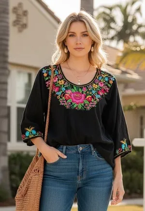Boho Embroidered Floral Tunic Dress Navy Rose Mexican Style Sz M thumbnail 1