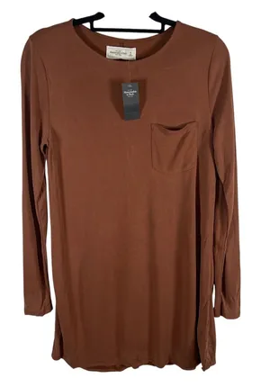 Abercrombie & Fitch Womens Long Sleeve‎ Pocket Tee Terracotta Brown Tunic Top M thumbnail 1