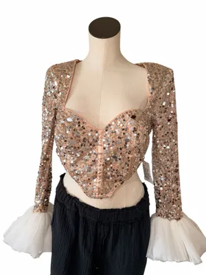 NWT ASOS Gold Sequin Crop Top Corset Blouse Ruffle Tulle Cuff Sleeve Party thumbnail 2