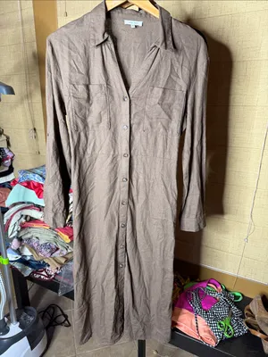 NWOT Love Tree Linen Blend Utility Shirt Dress Brown Midi Sz Medium Missing Belt thumbnail 5