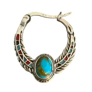 Vintage Silver Tone Hoop Earrings Faux Turquoise Enamel Southwestern Estate 1" thumbnail 2