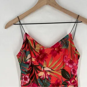 Papaya‎ Coral Green Mesh Tropical Floral Print Spaghetti Strap V-Neck Mini Dress thumbnail 2