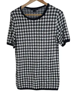 Ann Taylor Shimmer Black and White Houndstooth Short Sleeve Sweater size M thumbnail 1