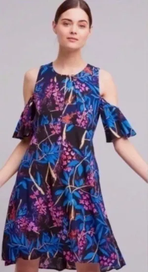 Anthropologie Maeve Elia Blue Pink Midi Floral Dress Size 10 Cold Shoulder thumbnail 1