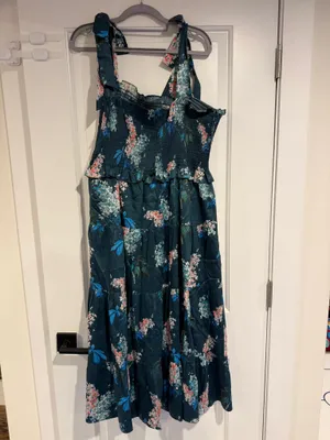 Rebecca Taylor Hydrangea Floral Smocked Tie Shoulder Midi Dress Large Cotton thumbnail 5