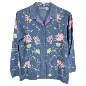 Jane Ashley Medium Petite Top Shacket Beaded‎ Denim Blue Embroidered Button 311 thumbnail 1