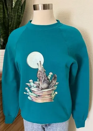 Vintage Howling Coyote Graphic Sweatshirt USA‎ Made Teal Medium thumbnail 1