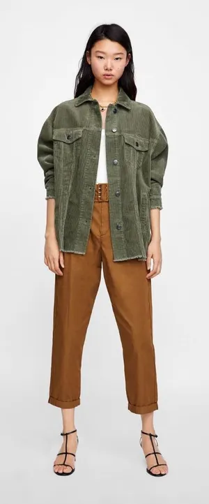 Zara Jacket Corduroy Overshirt Olive Green Women Size Large Oversized thumbnail 1
