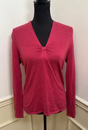 Banana Republic Luxury Blend V-Neck Knit Top Dusty Pink Bow Rouched Accent thumbnail 1