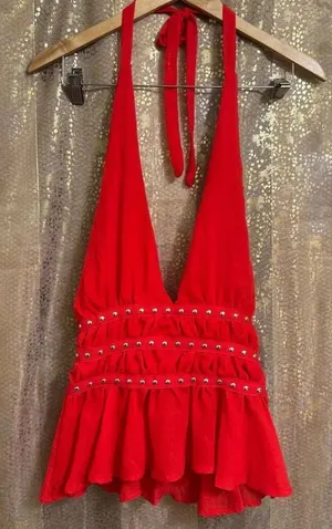 Lotus & Lavender Red Deep V Neck Studded Halter Ruffle Hem Top Medium NWT thumbnail 1