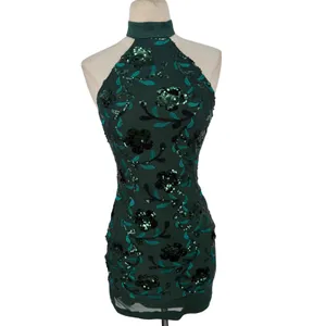 NWT Lulus Emerald Green Sequin Floral Halter Backless Mini Dress Size Small thumbnail 4