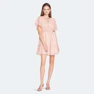 En Saison Caldera Gingham V Neck Tiered Mini Dress Coral Pink Small NWT thumbnail 2