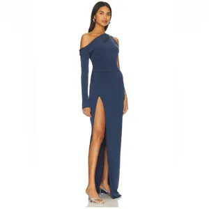 KATIE MAY Deep‎ Sea Blue MOJAVE Single Long Sleeve HIGH SLIT Ruched GOWN XS thumbnail 4