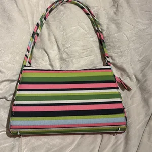 Source Unknown STRIPED MULTICOLORED SHOULDER BAG PINK GREEN BLUE CANVAS LIKE BAG THIN HANDLES thumbnail 5