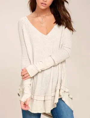 We The Free Free People Laguna Light Beige Thermal Long Sleeve Top Women Size XS Thumb Holes thumbnail 1
