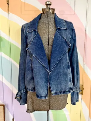 Habitual Wide Draped Lapel Denim Jacket Buckle Cuffs Medium Wash Sz M 💛🍄 thumbnail 3
