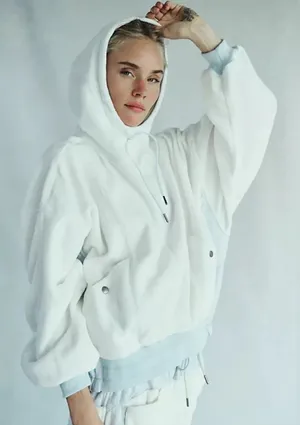 Free People Cream Fleece Hoodie with Light Blue Drawcords thumbnail 1