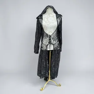 Whimsigoth Witchy Goth Hooded Sheer Lace Maxi Duster Cardigan Black Victorian M thumbnail 13