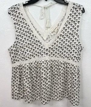 Lucky Brand Blouse Size L White Floral Crochet Trim Patterned Boho Babydoll Top thumbnail 1