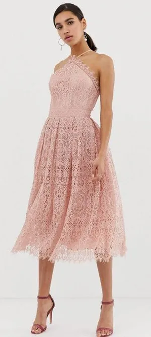 ASOS Blush Pink Lace Midi Dress Open Back Pinny Bodice Women’s 4 NWT thumbnail 1