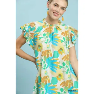 Umgee Ruffled Botanical Print Mini Dress - Jade Mix - Small thumbnail 6