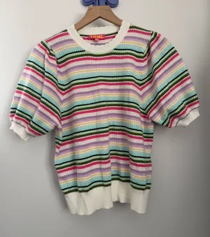 THML XS Stripe Multi Color Puff Short Sleeve Sweater Knit Pastel Crew Preppy thumbnail 1