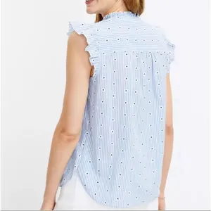 Loft Blue White Stripe Daisy Ruffle Button Front Top Women's Medium thumbnail 10