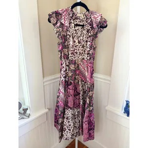 Ulla Johnson Asis Midi Dress Cotton Silk Batik Floral Tiered Purple Fuchsia 0 thumbnail 2