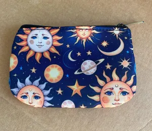 Goanna Art hand made coin pouch, top zip, blue, celestial design, sun, and moon thumbnail 1