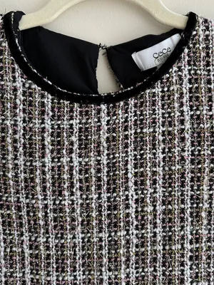 CeCe Tweed Shift Dress with Patch Pockets, Black/Pink/Gold/White, Size 4 thumbnail 14