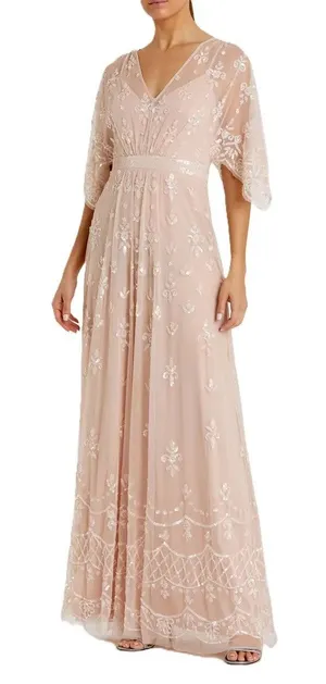 Mac Duggal Blush Pink V Neck Flounce Sleeve Embellished Mesh Gown Size 8 thumbnail 1