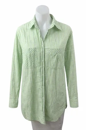 Stradivarius Green Gingham Check Collared Long Sleeve Button Down Shirt Top Sz S thumbnail 1