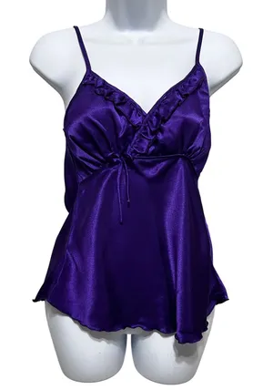 Purple Satin Babydoll Cami Top L Y2K Ruffle Trim Empire‎ Waist Romantic Coquette thumbnail 1