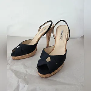 Oscar De La Renta Canvas Stilletto Heels Black Cork Designer Career Office EU 39 thumbnail 8
