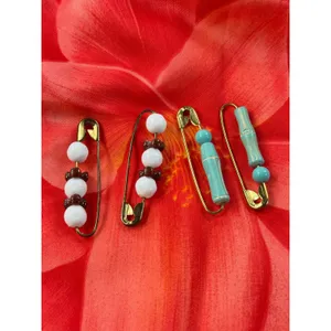 Vintage‎ Beaded Safety Pin Brooch Set Turquoise Faux Bamboo White Brown 4pc thumbnail 2