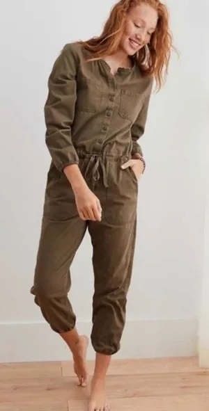 Aerie Womens XL Utility Jumpsuit‎ Olive Green Button Front Cotton Twill Jogger thumbnail 1