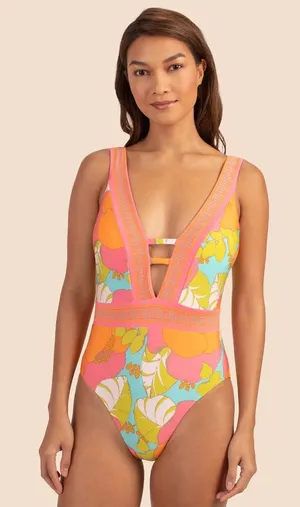 Trina Turk Playa De Flor Plunge One Piece Swimsuit in Floral thumbnail 1