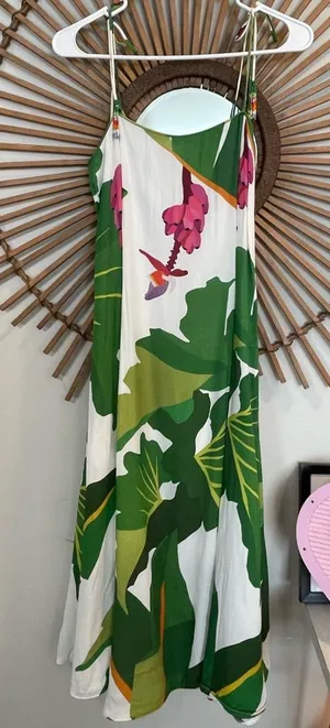 Farm Rio Tropical Print Midi Dress with Tie Shoulder Vacation Resort Bold thumbnail 1