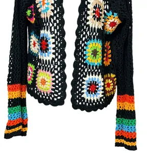 Womens Black Crochet Granny Square Open Front Cardigan Multi Color Boho Size L thumbnail 4