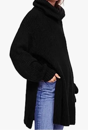 Free People Black Chunky Knit Turtleneck Sweater Oversized XS Side Slit thumbnail 1
