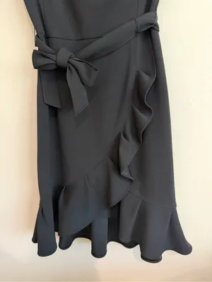 Calvin Klein Black Wrap Ruffle Tie-Waist Crepe Dress Size 4 thumbnail 5