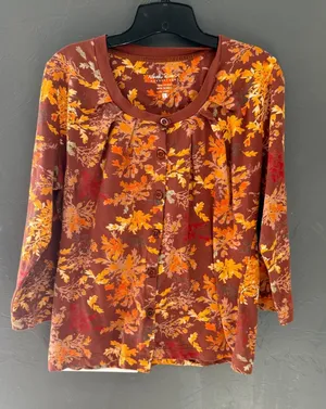 North River Outfitters Womens L Brown Orange‎ Leaf Print Cotton Button Top Fall thumbnail 1